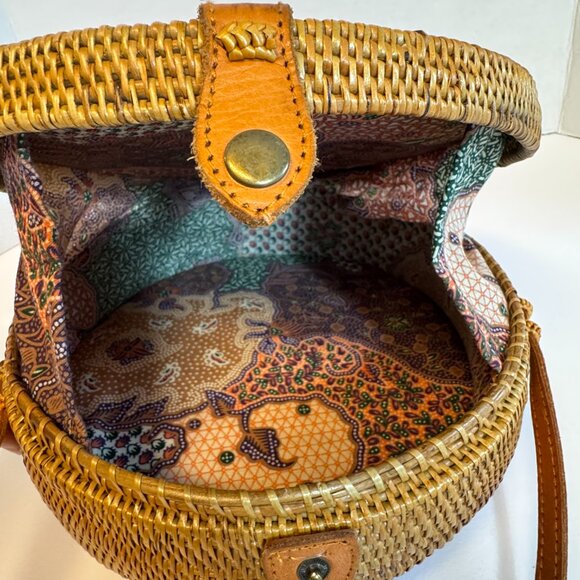 Round Rattan Crossbody Shoulder Bag Purse Brown Boho - Picture 2 of 7